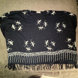 Vintage 1980 We Be Bop Tunic Top Shawl Kaftan Fringe Lizards Geckos Black/White